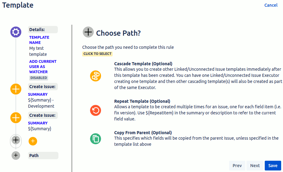 Selecting optional paths for the template