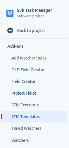 Add-ons menu to Access STM Templates page