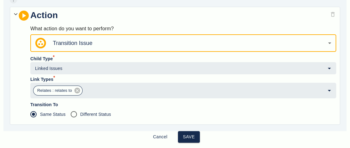 An Executor transition issue screen for same status transitions