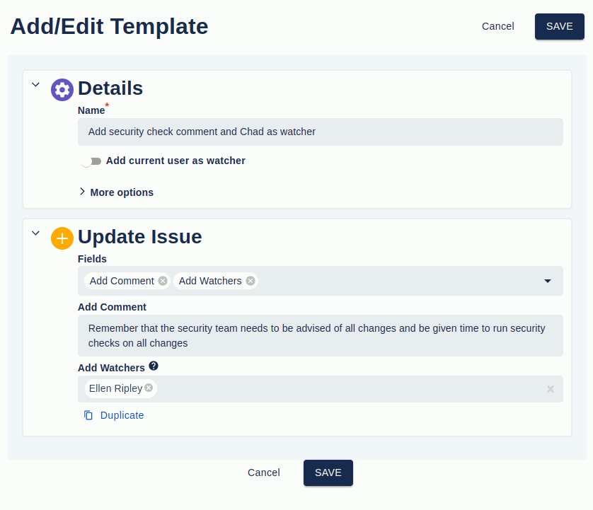 An update issue template showing the details and update issue sections