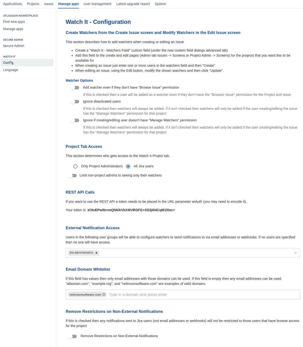 The page for configuring Watch It