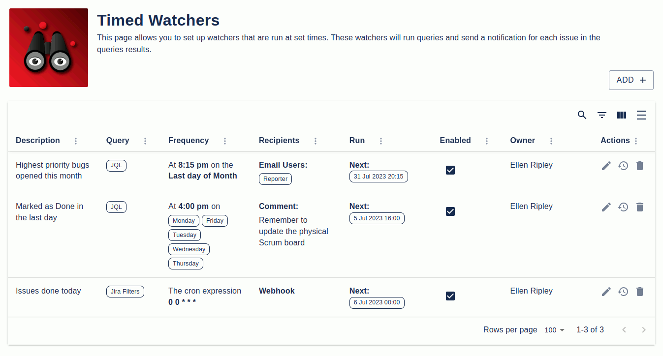 The timed watchers page showing the list of current timed watchers