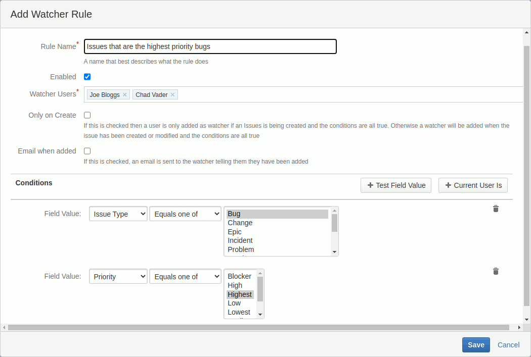 Adding a new "Add Watcher Rule"