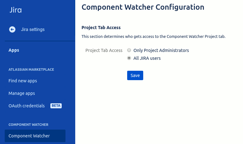 Component Watcher configuration page
