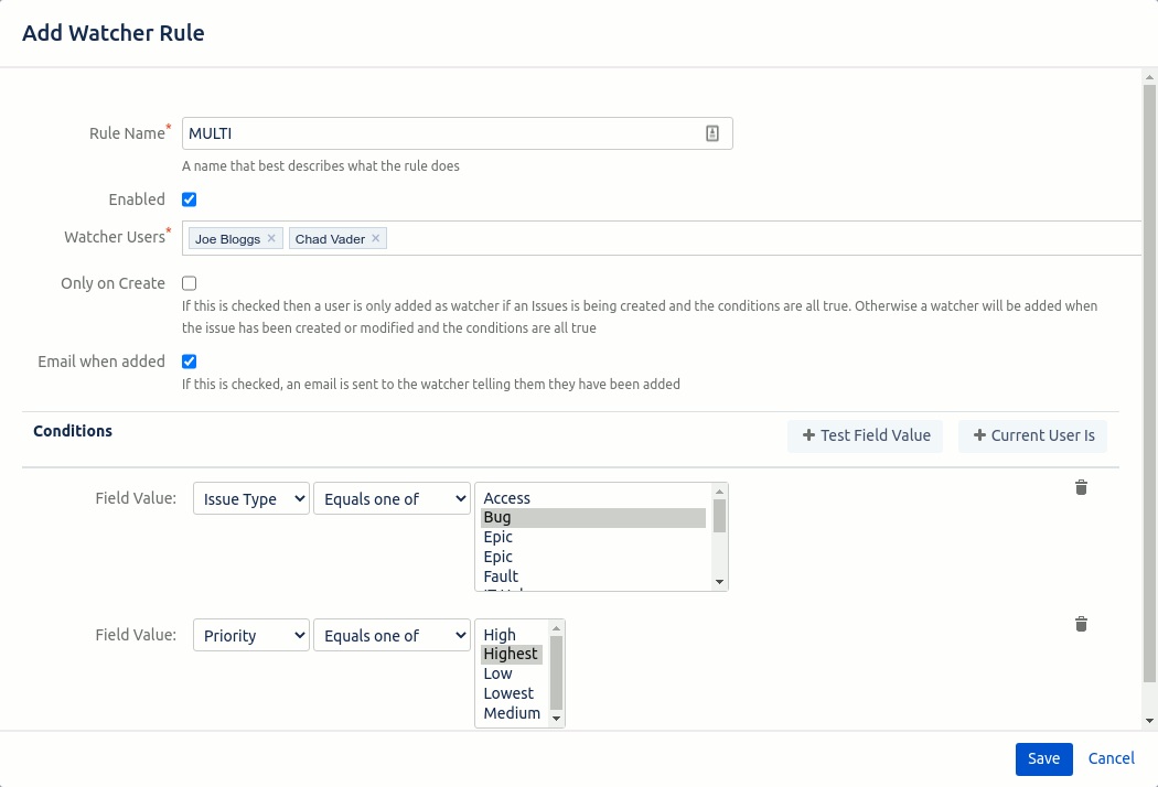 Add Watcher Rule dialog to add Joe and Chad as watchers