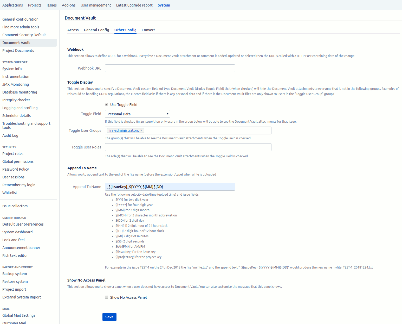 Other tab for Document Vault configuration