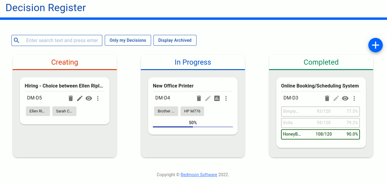 Decision register showing three decisions