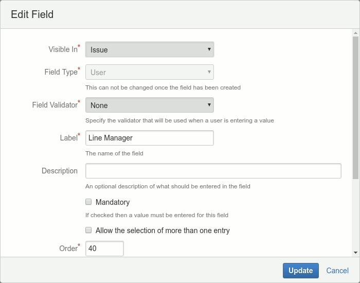 Example of an Issue user field being edited