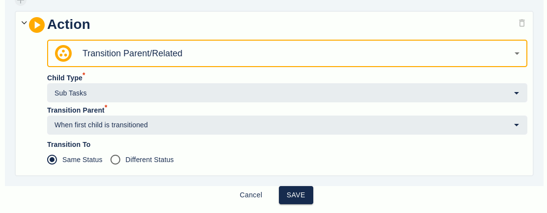 An Executor transition parent/related screen for same status transitions