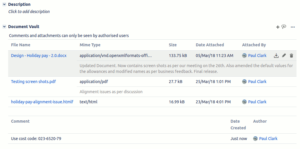 Document Vault example showing attachments and comments in an issue