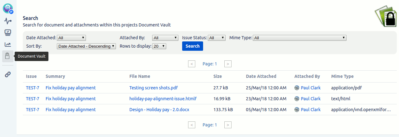 Document Vault attachmen search screen