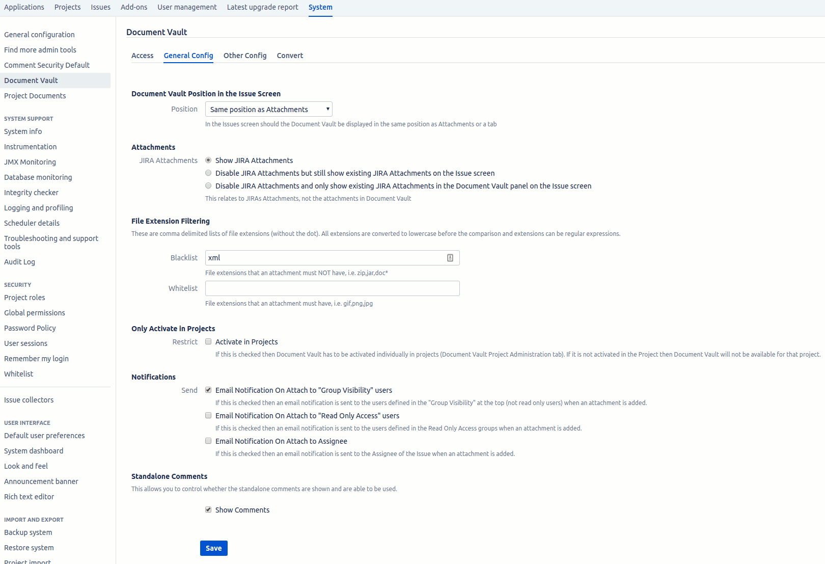 General tab for Document Vault configuration