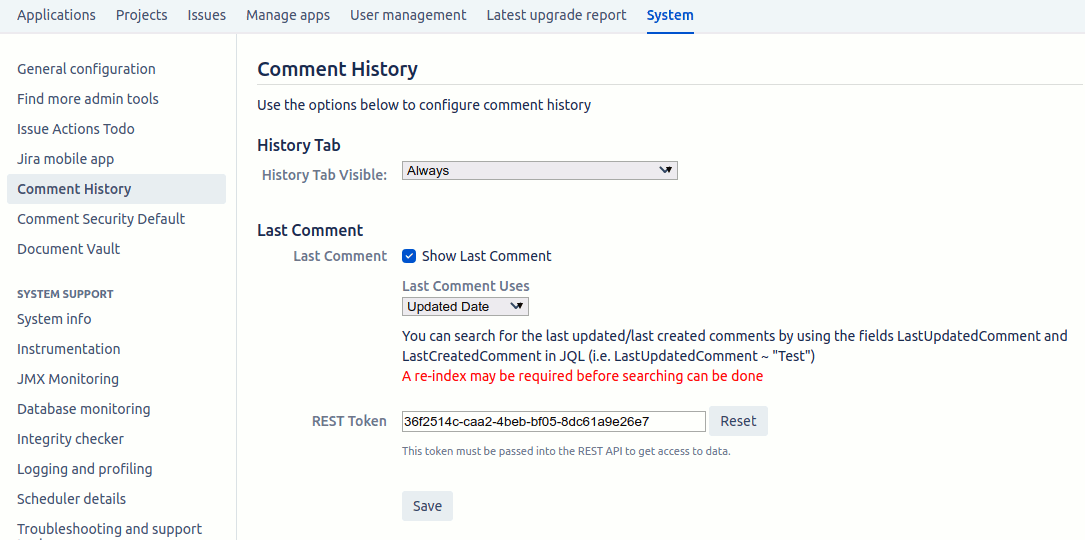 comment history configuration page