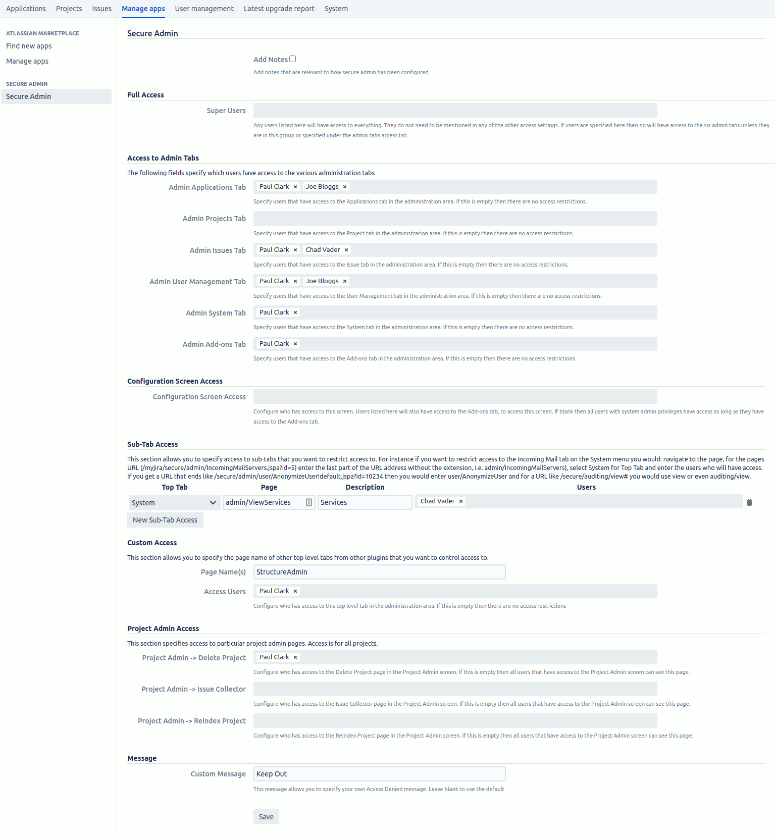 Configuration of the Secure Admin app