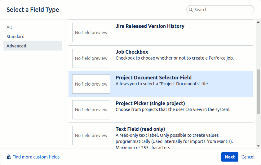 Custom Field for selecting a Project Document