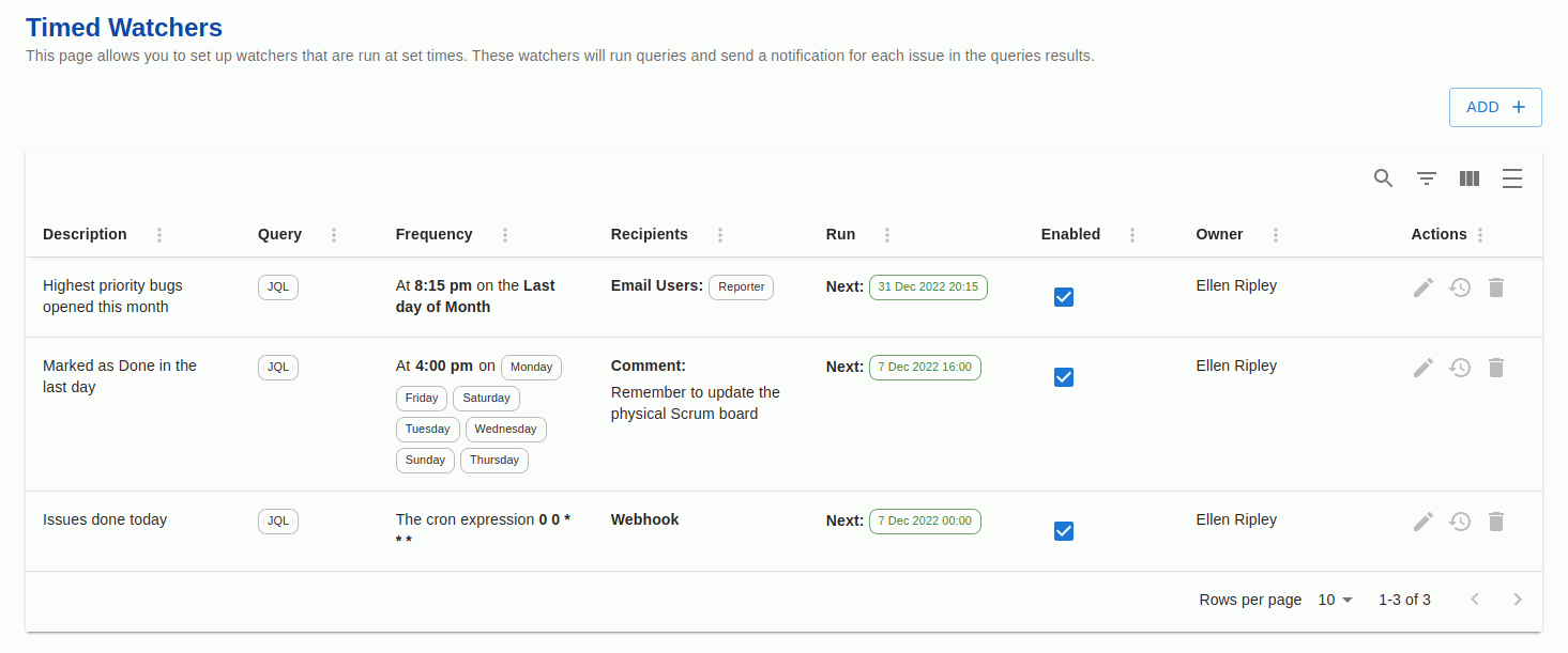 The timed watchers page showing the list of current timed watchers