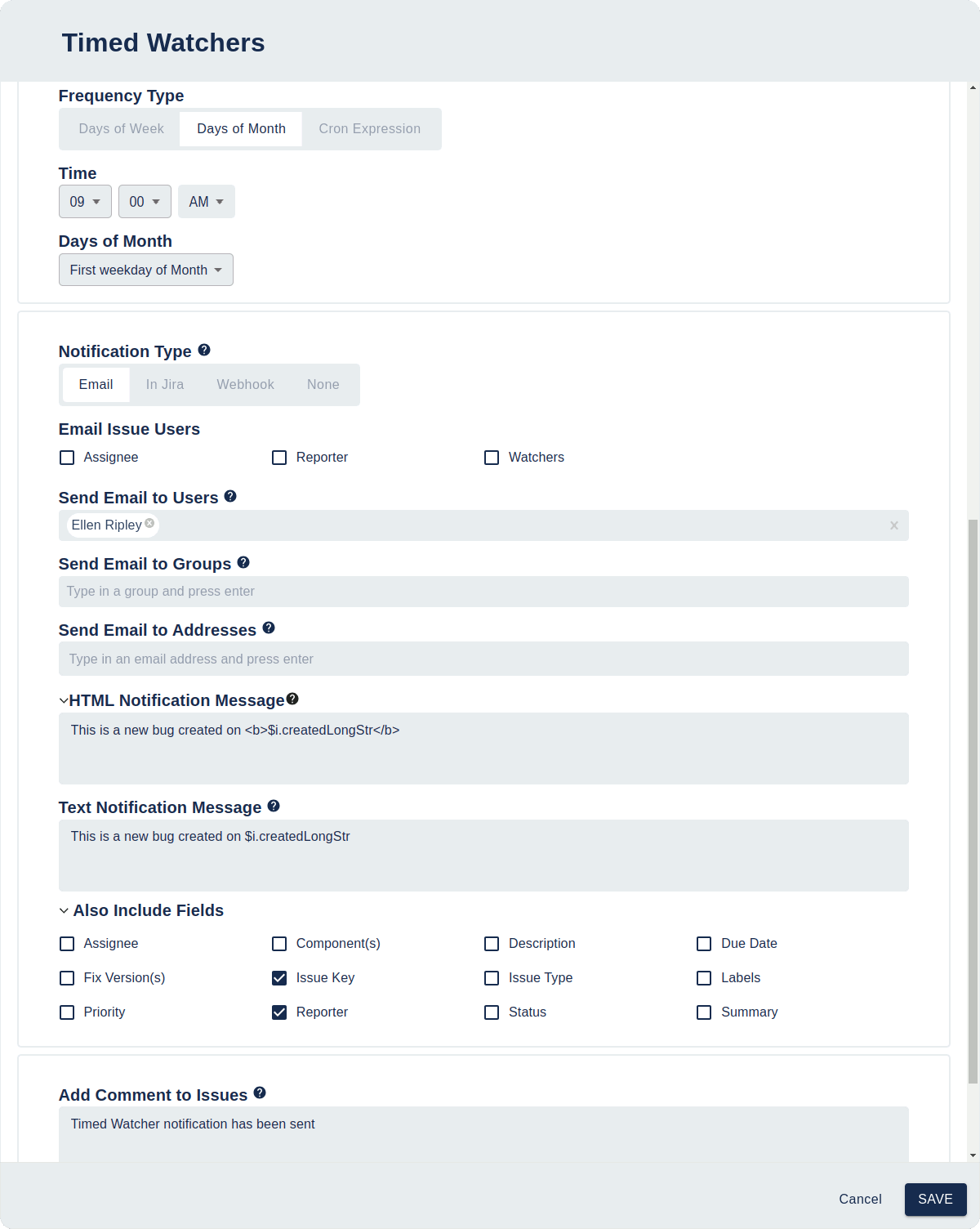 An example of a Timed Watchers with a Day of Month setting