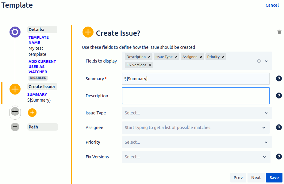 Specify the details of an issue to create