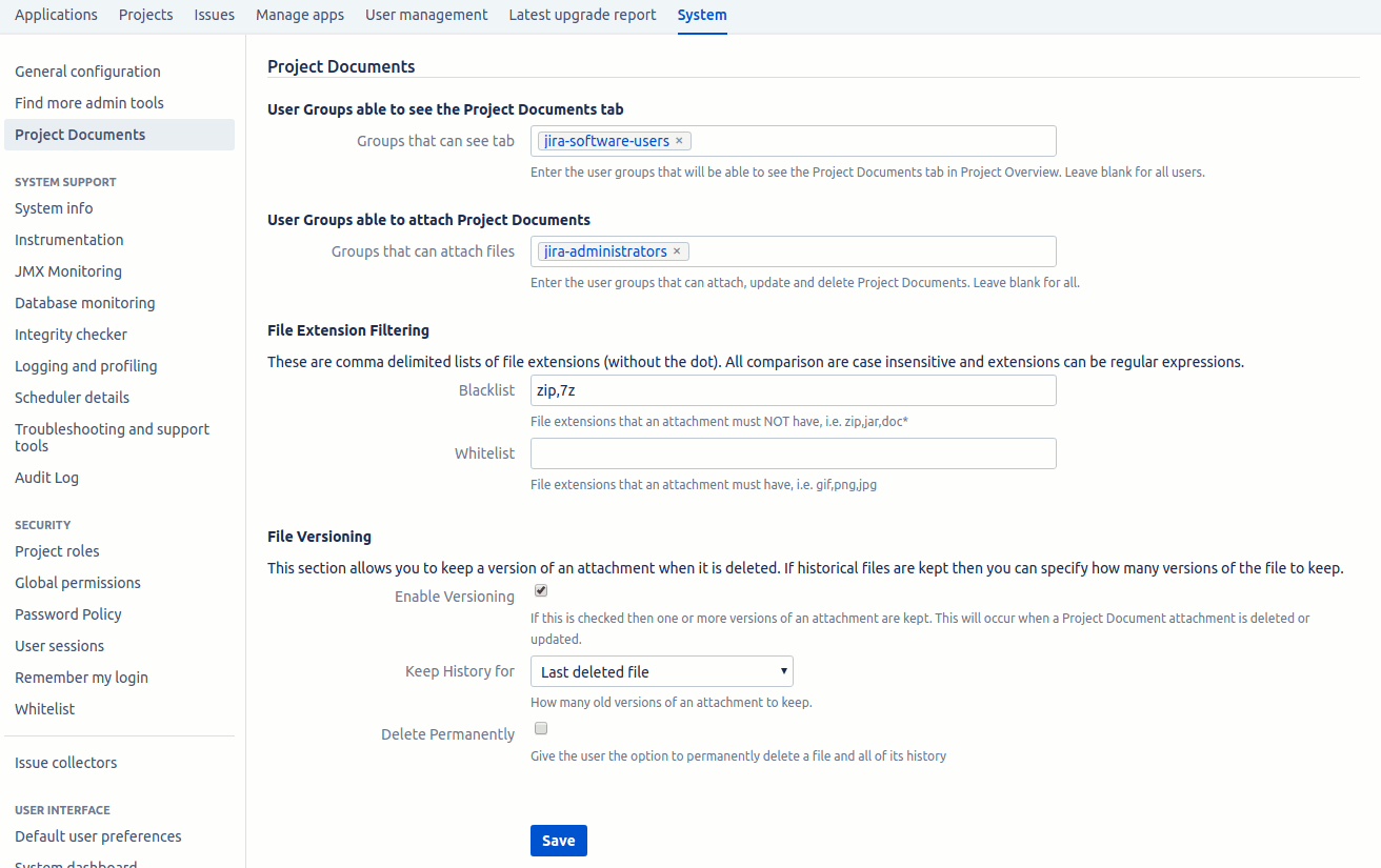 Configuration page for Project Documents