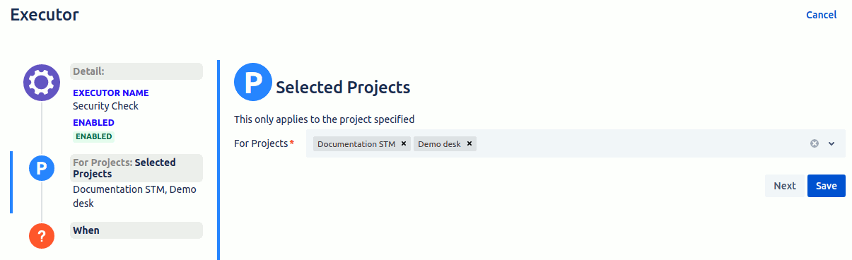 Enter the selected projects this Executor is for