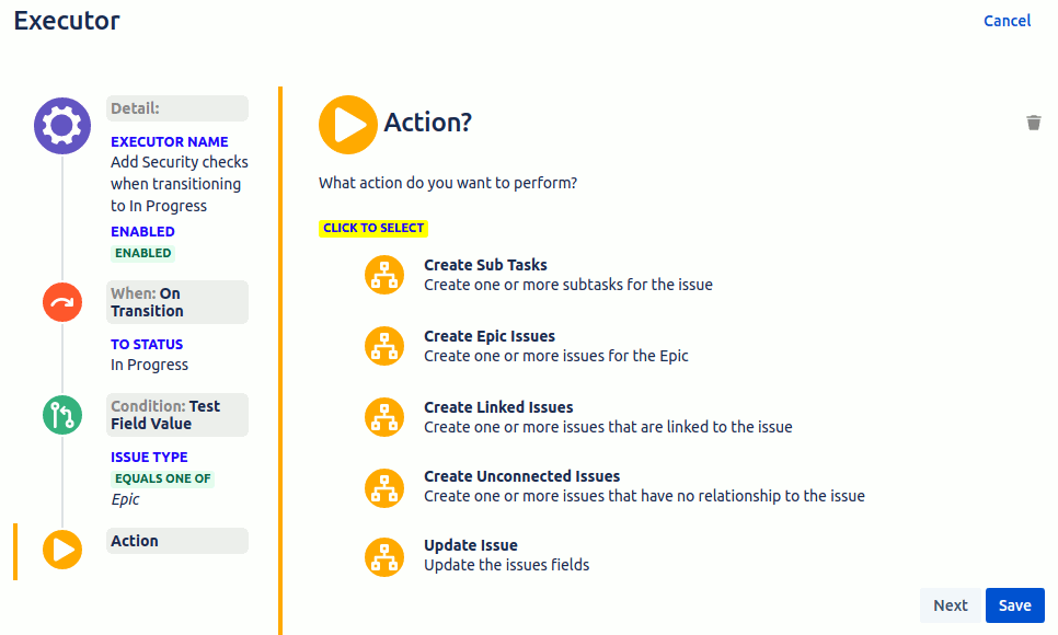 List of actions for an Executor