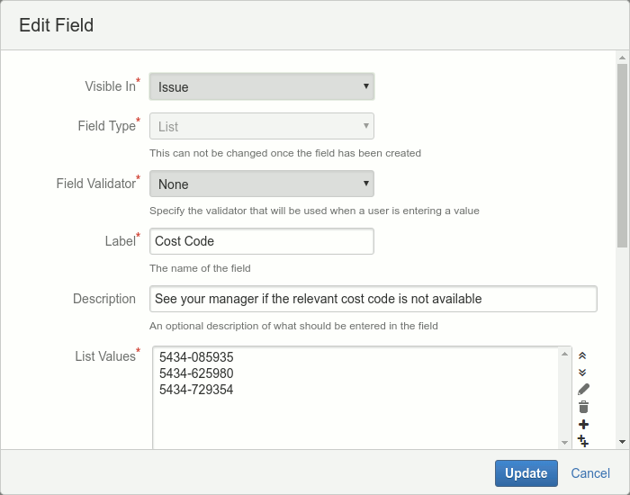 Example of an Issue list field being edited