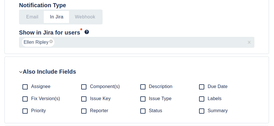 An example of configuring a Watcher to send notifications to a Dashboard Gadget within Jira