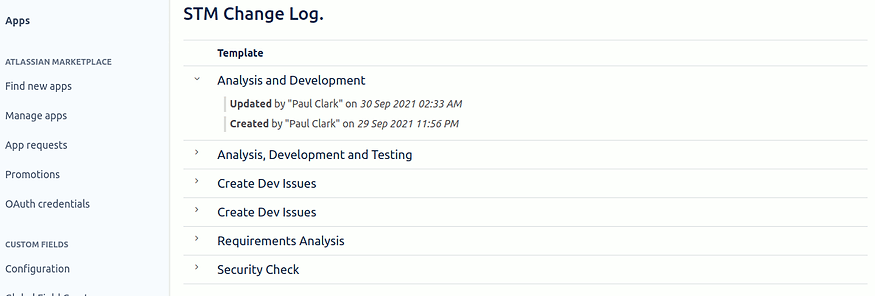 Change log for changes to templates