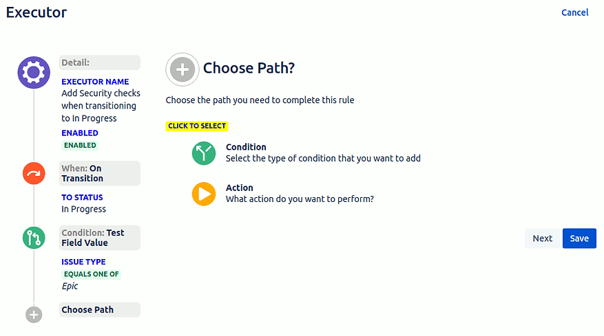 Choose either a condition or action