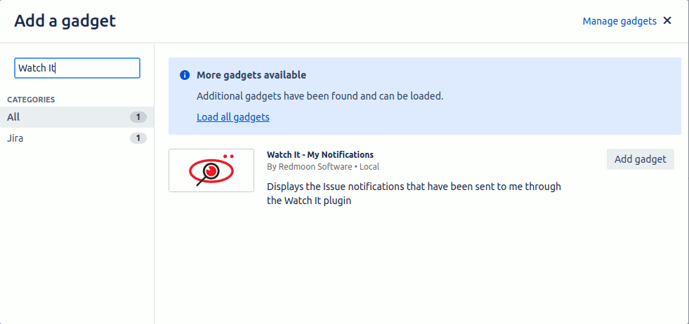The dashboard gadget to view In Jira notifications