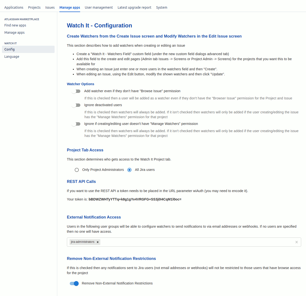 Watch It Configuration Page