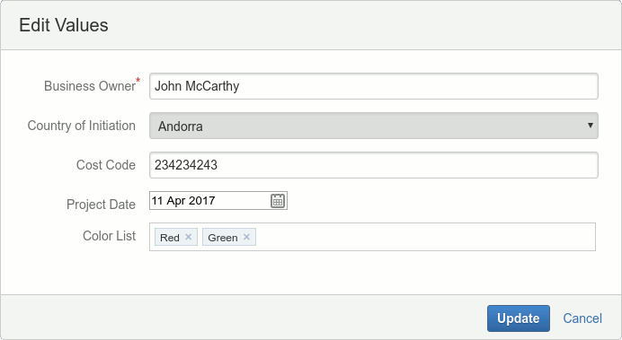 Project values being specfied for a list from a project field