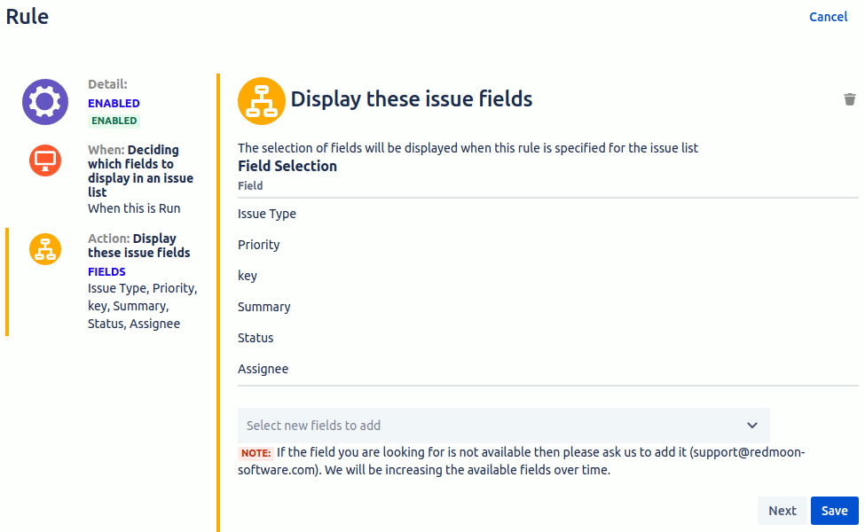 Once an action has been selected the action can be configured