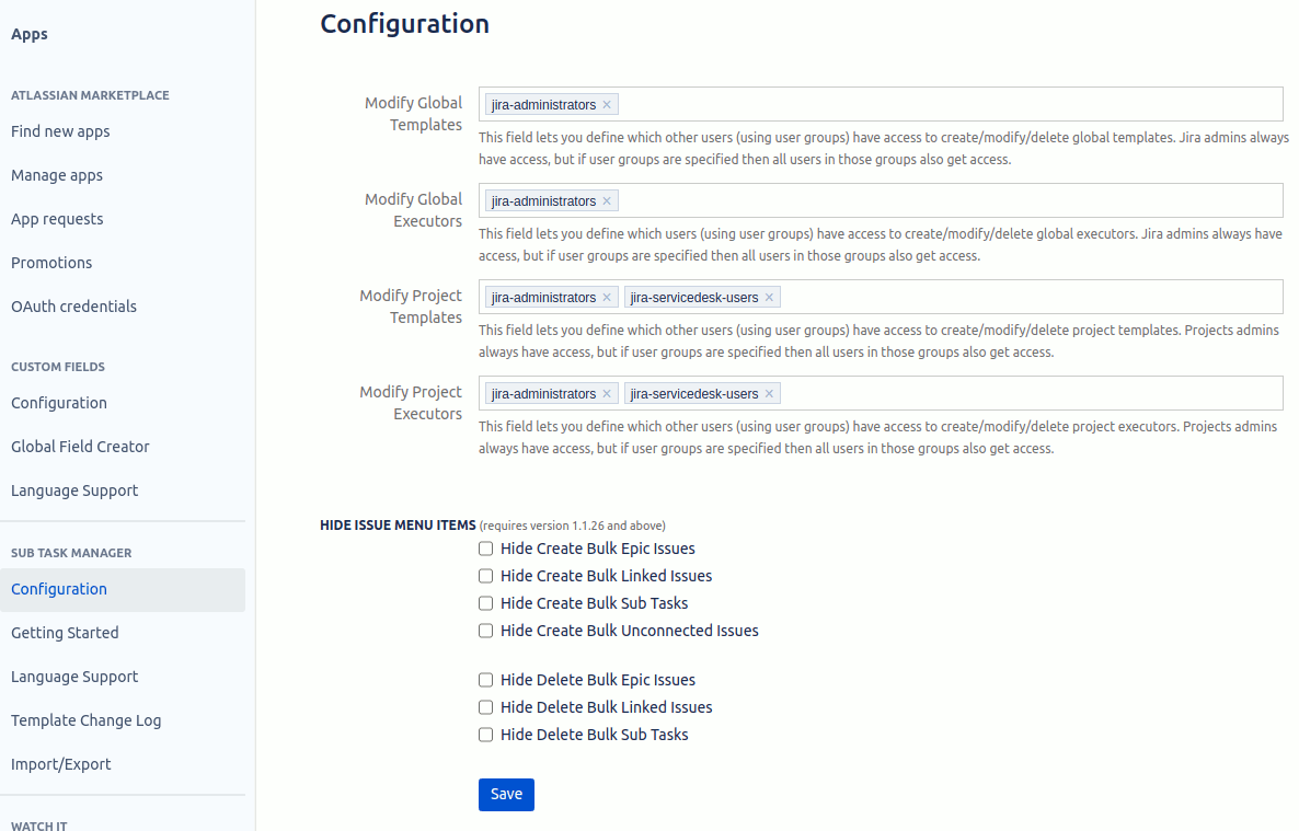 STM Configuration page for specifying access and menu visibility