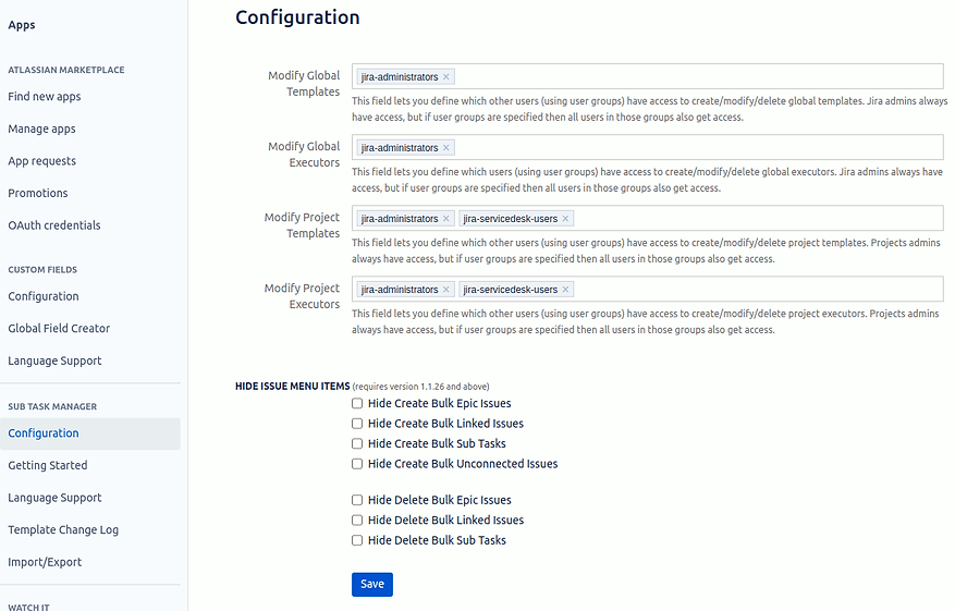 STM Configuration page for specifying access and menu visibility