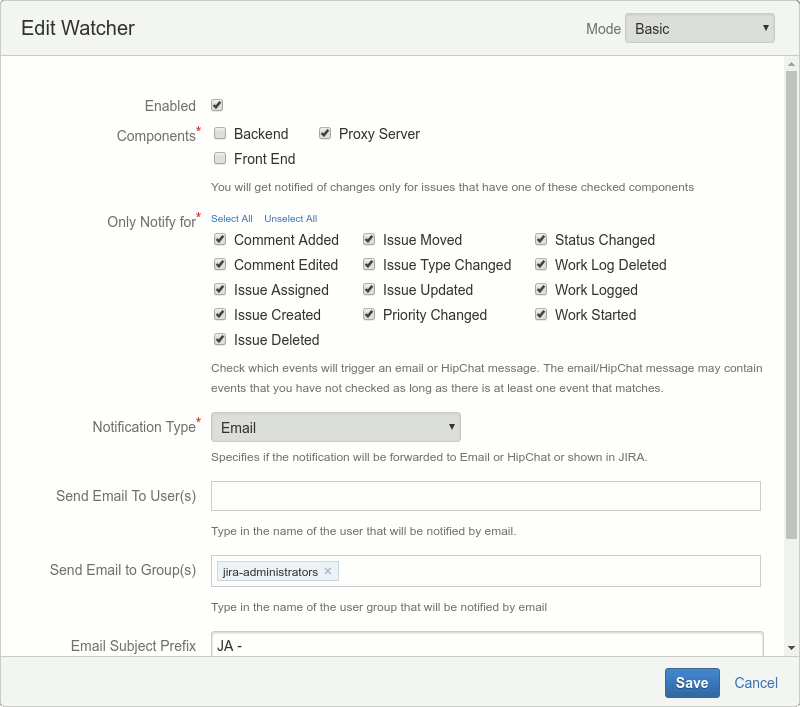 Editing a project watcher