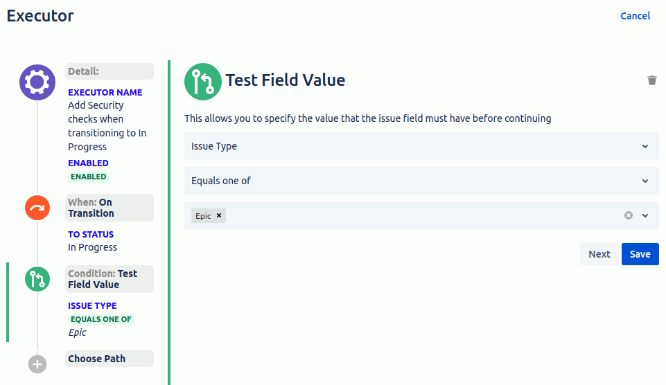 Test the value of a field in the executors condition