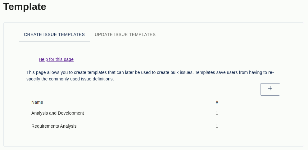 Project Template page showng the list of Project templates