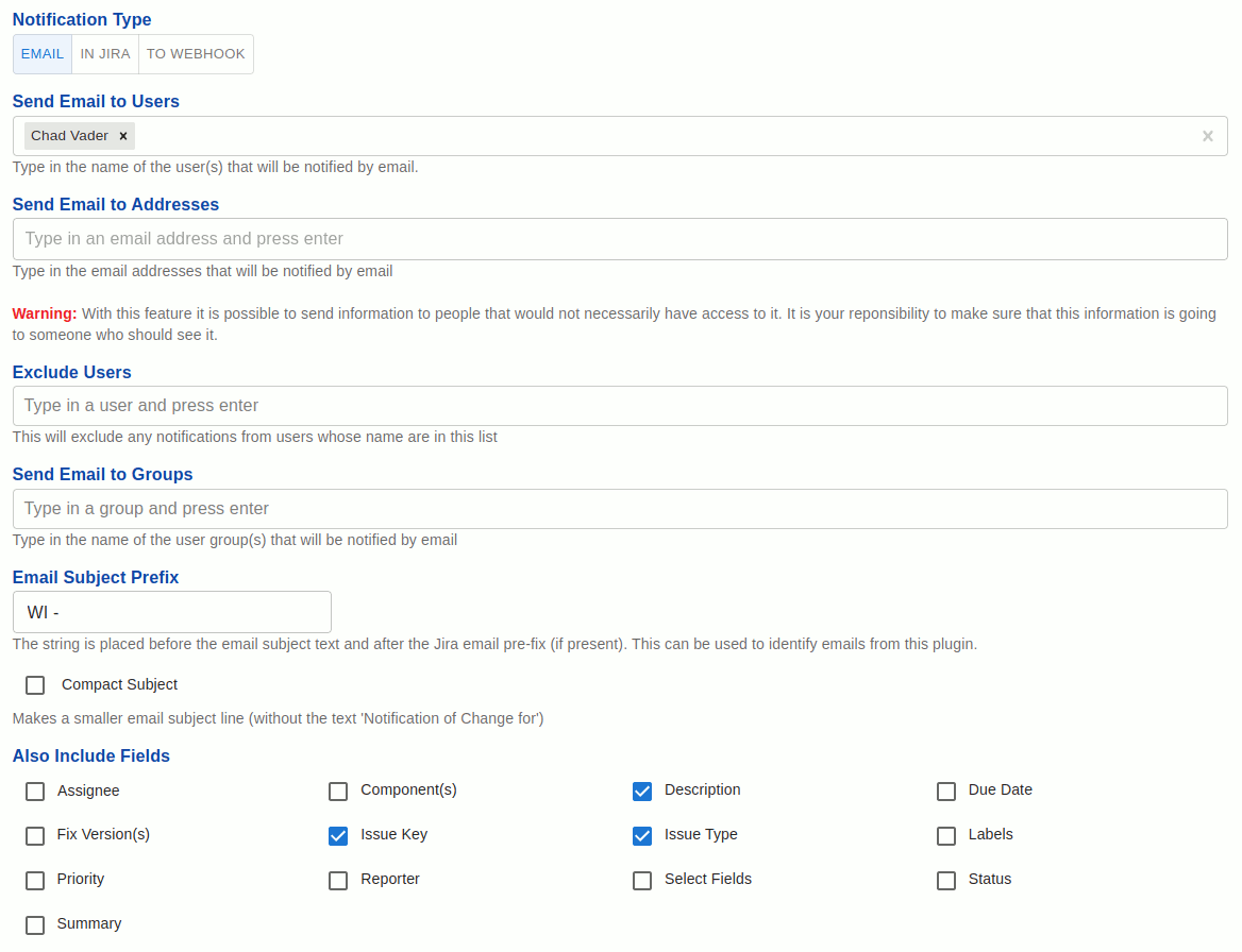 Add/Edit watchers page for the notification type of Email