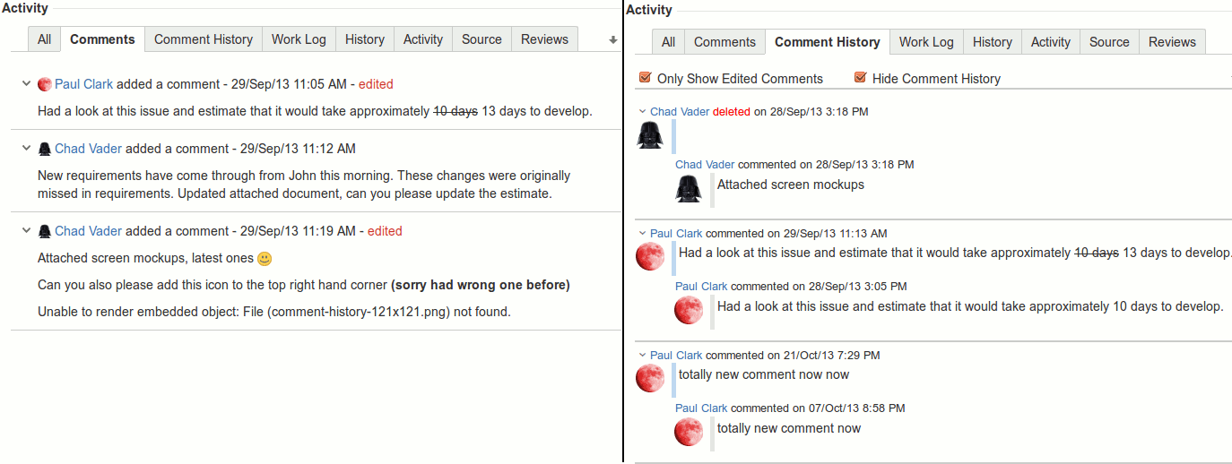 Comparison of he comment and comment history tabs