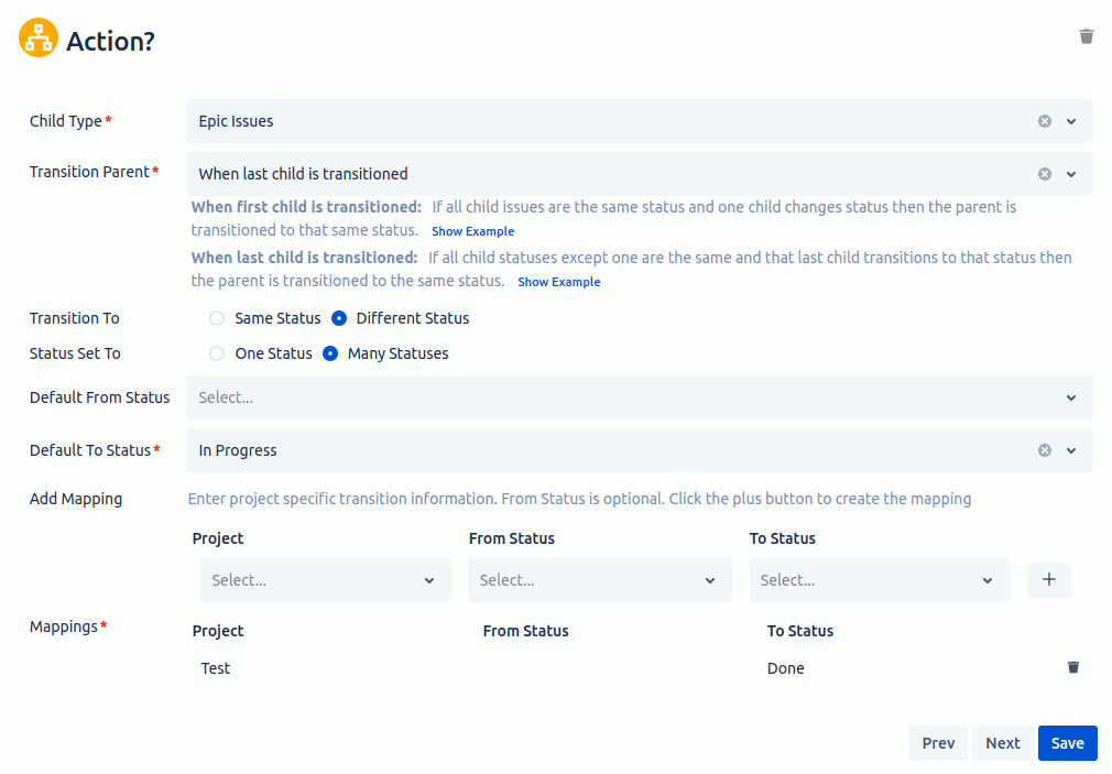 Example of transition parent/related issues where the issue is transitioned to multiple statuses