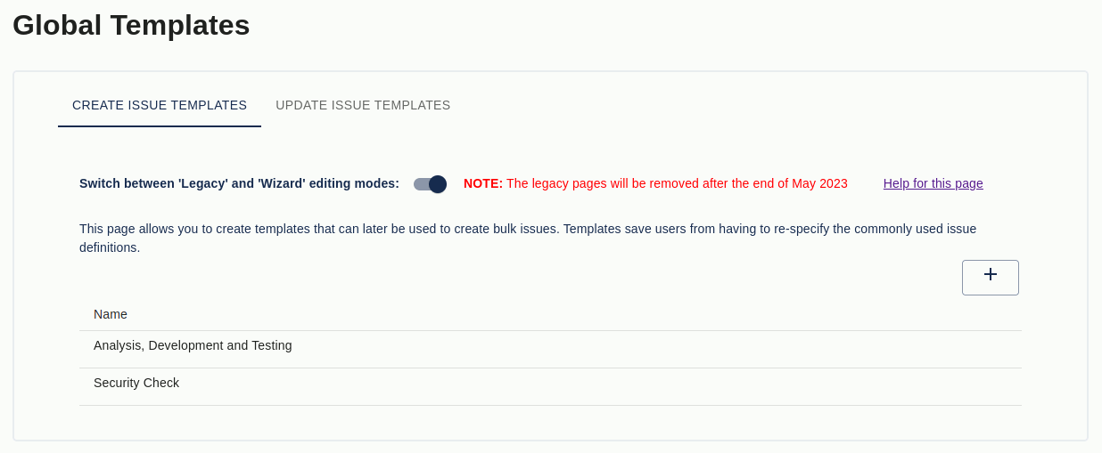 The global template page showing create issue templates that are available for all projects