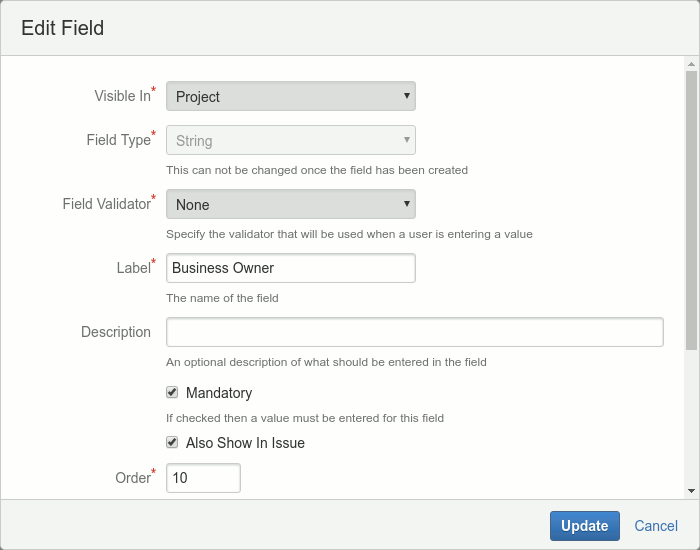 Example of an Project string field being edited