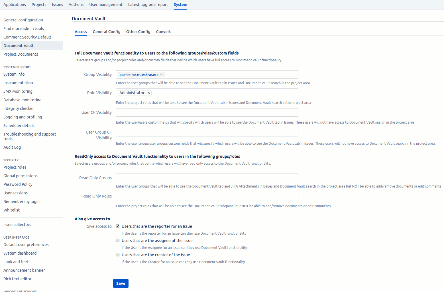 Access tab for Document Vault configuration