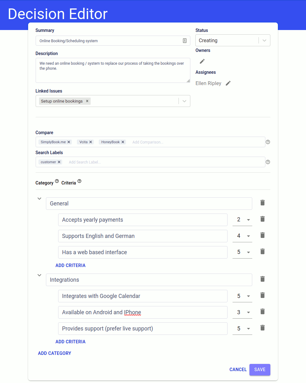 Creating / editing a decision and entering the categories and criteria