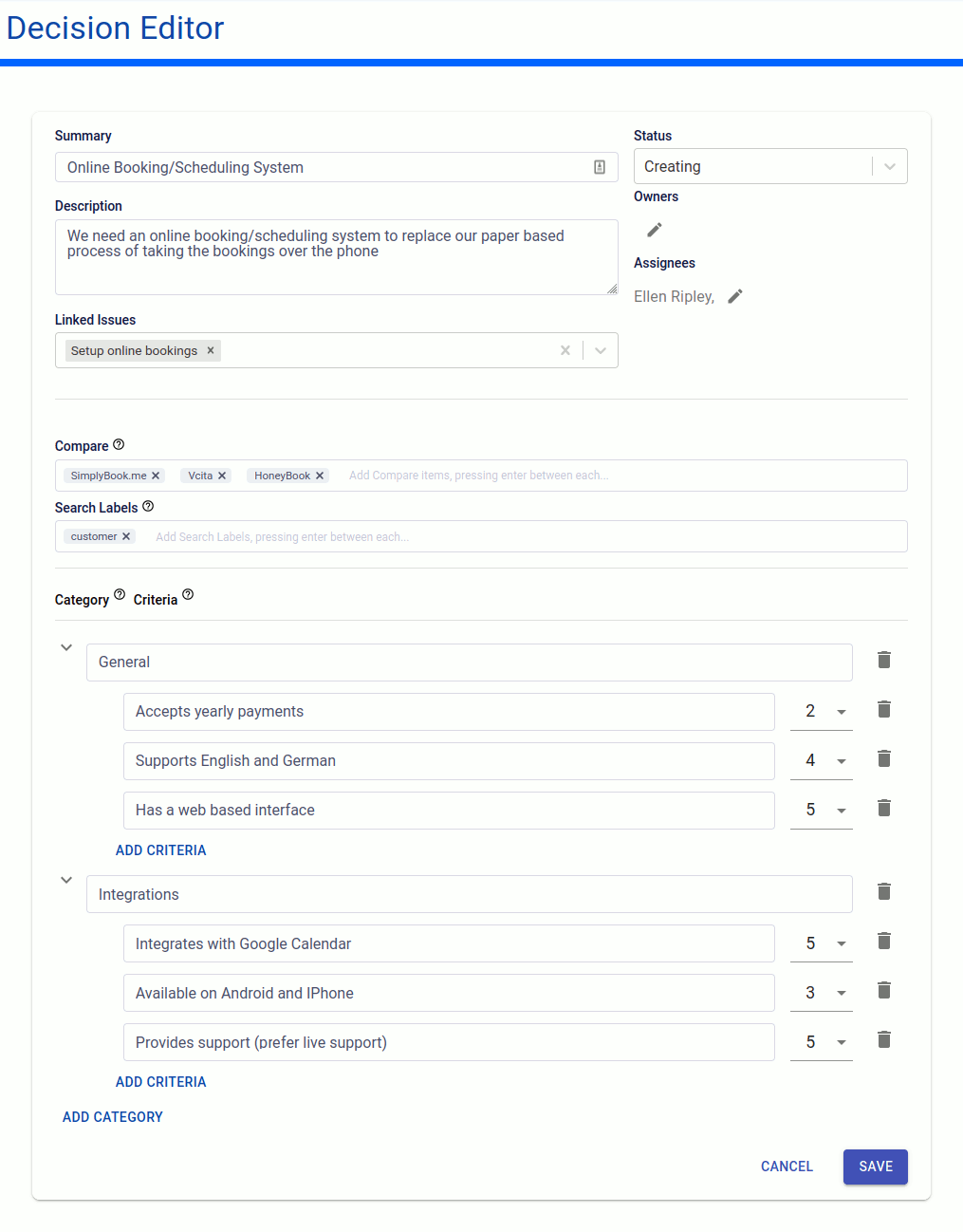 Creating / editing a decision and entering the categories and criteria