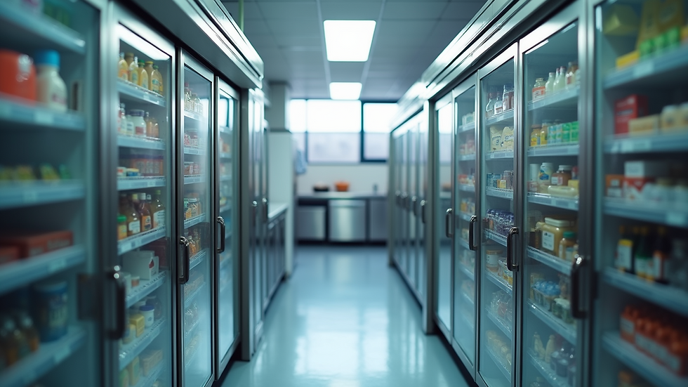 High angle view of clean and organized refrigeration unit in a commercial kitchen