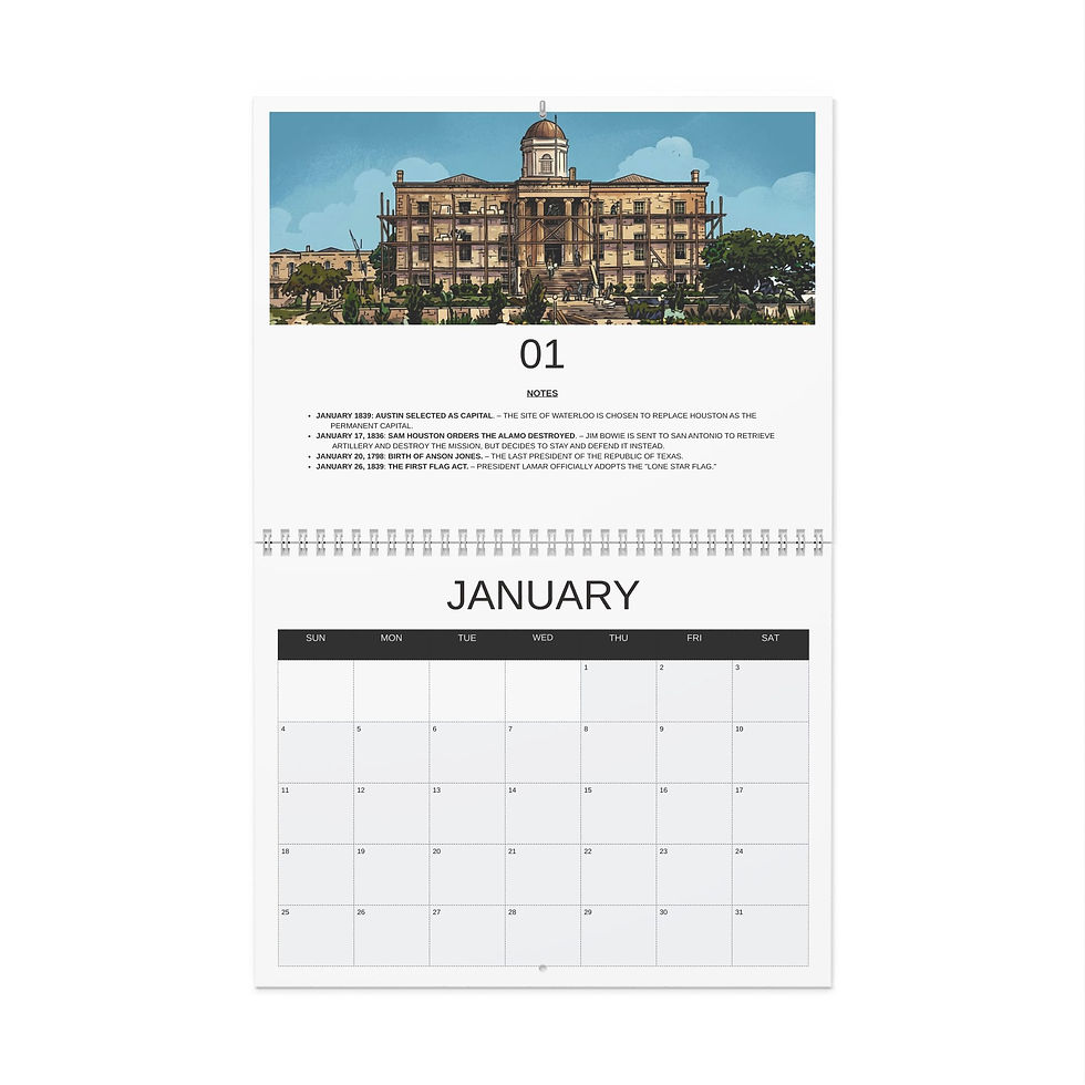 Republic of Texas Wall Calendar — Calendar with Texas Events (January start)
