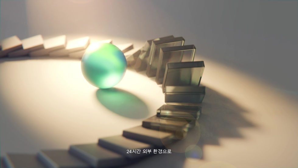 컬러 구형 오브젝트와 반복 구조를 활용해 크로노 엘릭서 콘셉트를 메타포로 표현한 3D 이미지