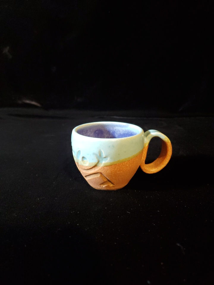 Puerto Rican Art Pottery Demitasse Cup. Blue Glazed Clay Coqui 2.25" Tall